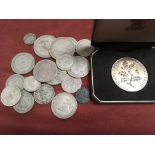 GB COINS: TUB OF PRE 1947 SILVER COINS, FACE VALUE APPROX £1.20, ALSO ROYAL MINT NATIONAL TRUST SILV