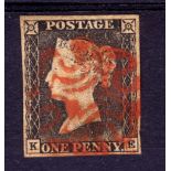 GB: 1840 1d BLACK PLATE 1A KE USED, FOUR MARGINS CANCELLED RED MX, BACK RATHER DISCOLOURED