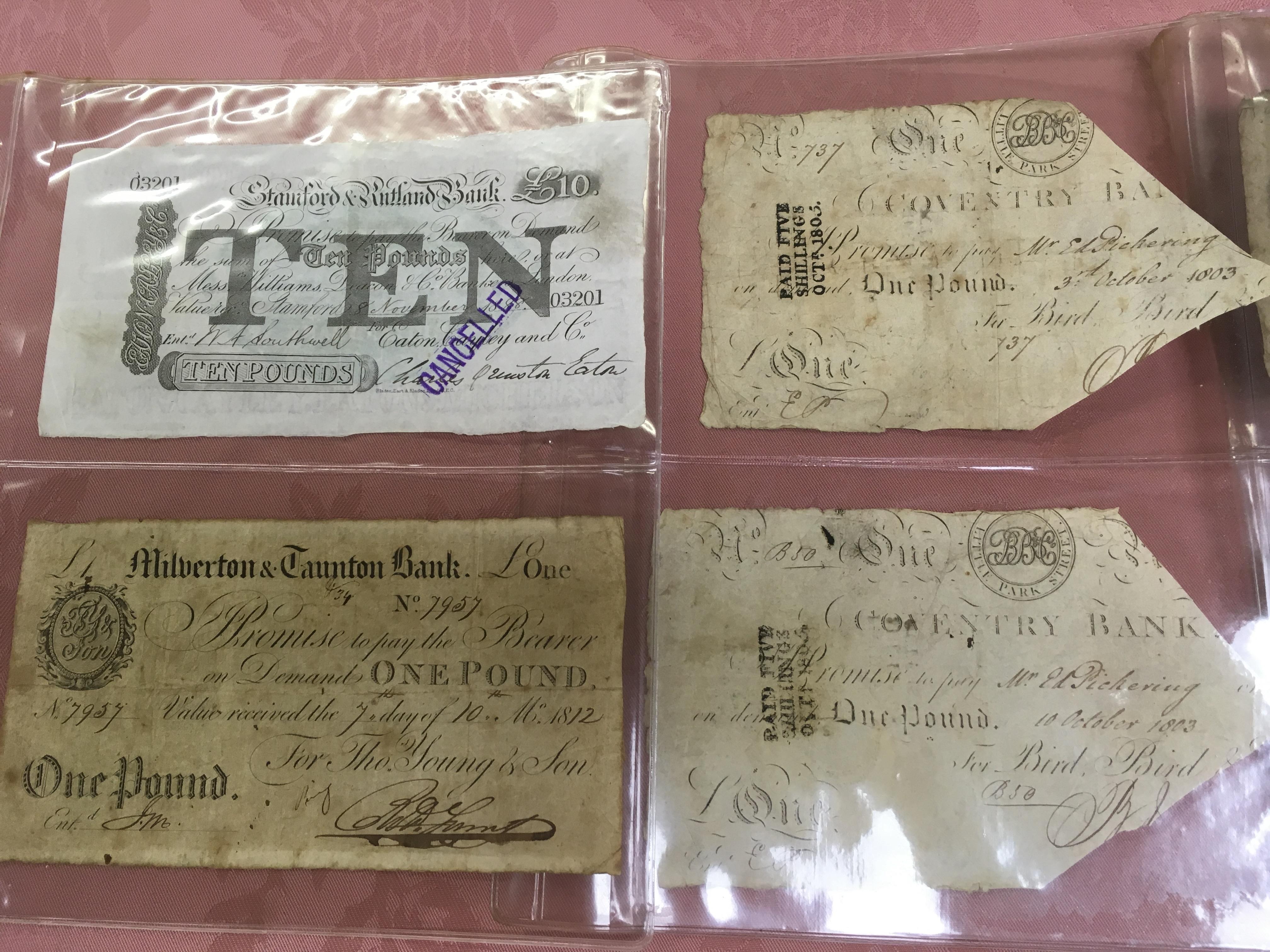 ALBUM WITH ENGLISH PROVINCIAL BANKNOTES (7) TO INCLUDE MILVERTON AND TAUNTON BANK 1812 ONE POUND, ST