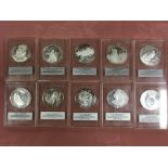TEN .999 SILVER PROOF MEDALLIONS, EACH IN PLASTIC CASES, ISSUED BY BRITANNIA COMMEMORATIVE SOCIETY,