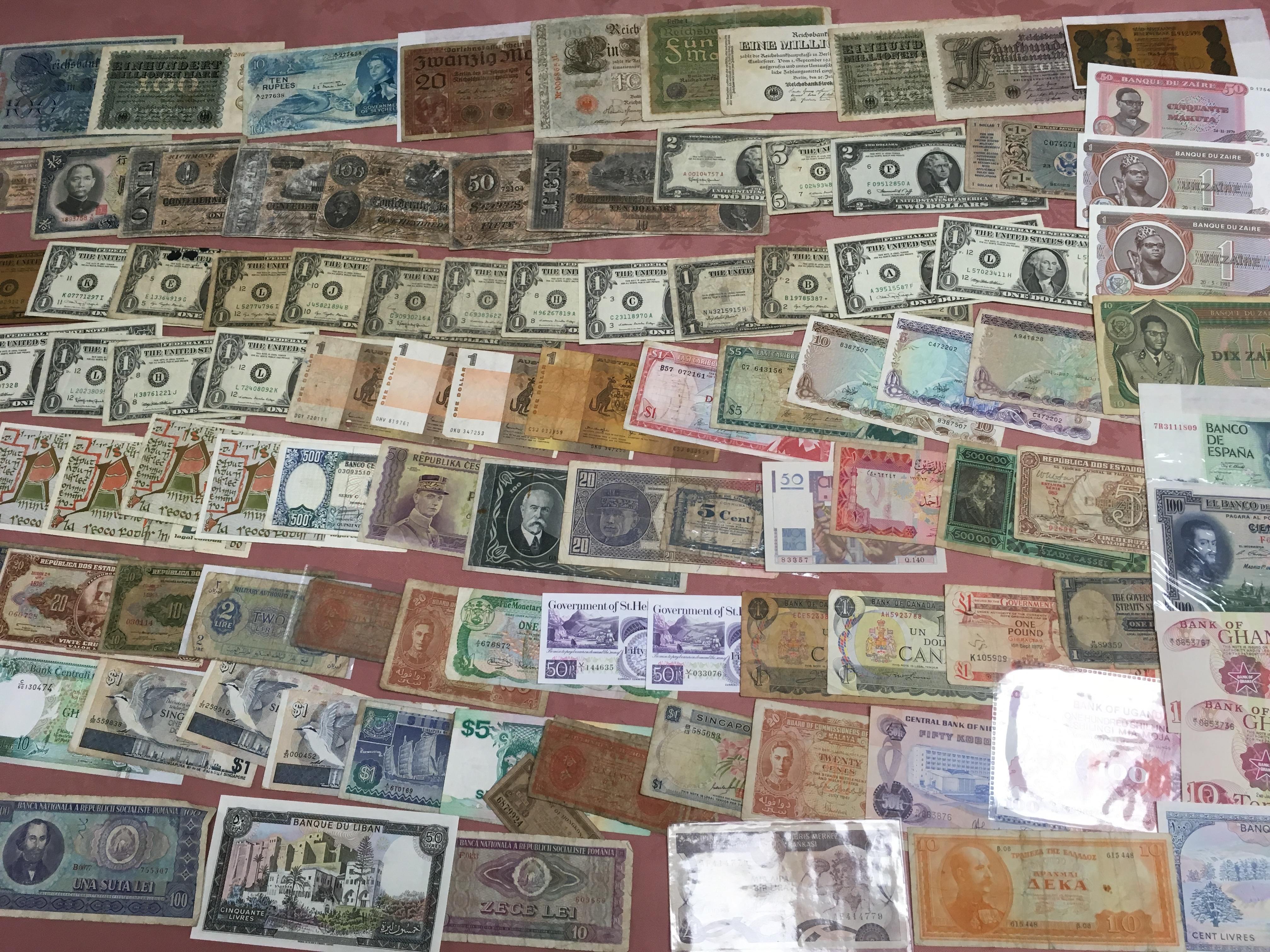 BANKNOTES: MIXED OVERSEAS INCLUDING USA, BRAZIL, GERMANY, IRELAND, ETC. VERY MIXED CONDITION (APPROX