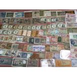 BANKNOTES: MIXED OVERSEAS INCLUDING USA, BRAZIL, GERMANY, IRELAND, ETC. VERY MIXED CONDITION (APPROX