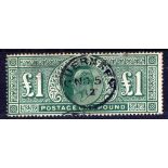 GB: 1911-13 SOMERSET HOUSE £1 USED, NEAT 1912 GUERNSEY CDS, STAINING AND SMALL SURFACE FAULT AT TOP
