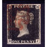 GB: 1840 1d BLACK PLATE DJ USED, FOUR MARGINS, RED MX