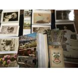 BOX OF SUBJECT POSTCARDS IN THREE ALBUMS AND LOOSE, THEATRICAL, SHIPPING, BUTLINS, QUINTON, ETC. (AP
