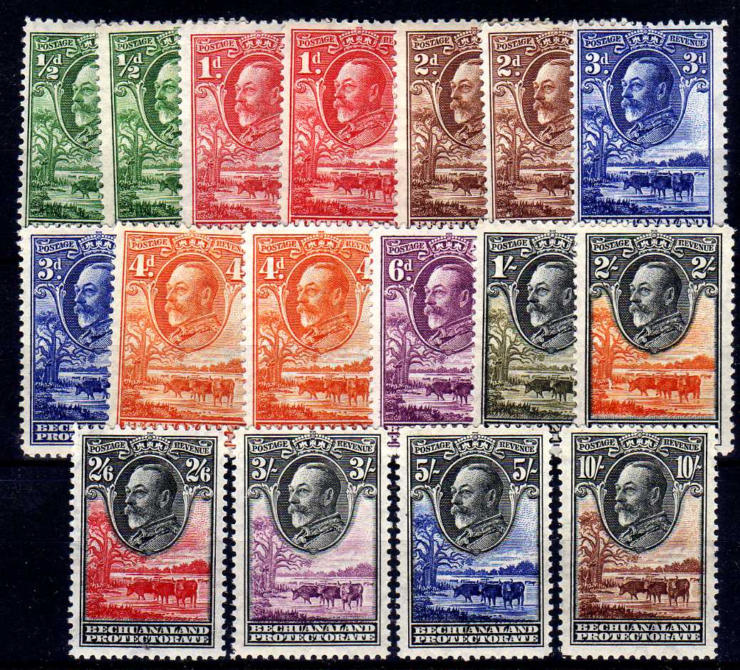 BECHUANALAND: 1932 SET OG, FEW EXTRA LOW VALUE SHADES SG 99-110