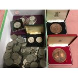 BOX OF MIXED COINS, ROYAL MINT MEDALLIONS, USA 1884 SILVER DOLLAR, GB 1970 AND 1972 PROOF SETS, ETC.