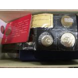 SMALL BOX MIXED COINS, MEDALLIONS WITH BOXED 1987 P &amp; O STEAM NAVIGATION COMPANY 150th ANNIVERSA