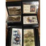 BOX WITH OLD TO MODERN POSTCARDS IN FIVE SMALL ALBUMS, GREETINGS, SCOTLAND, EASTER, EMBOSSED, ETC.