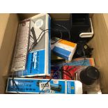 BOX OF ACCESSORIES, SAFE SIGNOSCOPE WITH ADAPTOR, U.V. LAMP, PERF GAUGES, MAGNIFIERS ETC.