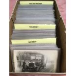 BOX WITH RETIRED DEALER'S POSTCARD STOCK: TRANSPORT, CYCLING, CHARABANCS, TRAMS, HORSEDRAWN, ETC. SO
