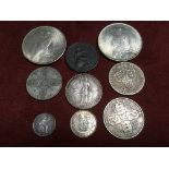 TUB OF MAINLY SILVER COINS, USA SILVER DOLLARS 1923, 1925. GB 1910 FLORIN, 1836 FOUR PENCE ETC. (9)