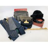 BOX OF GENTS TIES TO INCLUDE MANY SILK, VARIOUS TOILETRY BAGS, SHOE HORN / BACK SCRATCHER,