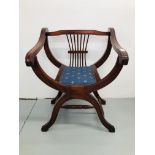 A REPRODUCTION HARDWOOD CROSS STRETCHER CHAIR WITH BLUE UPHOLSTERED SEAT
