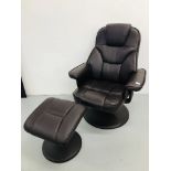 DARK BROWN FAUX LEATHER RECLINING ARMCHAIR & MATCHING FOOTSTOOL