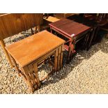 AN OAK FINISH NEST OF THREE GRADUATED OCCASIONAL TABLES,
