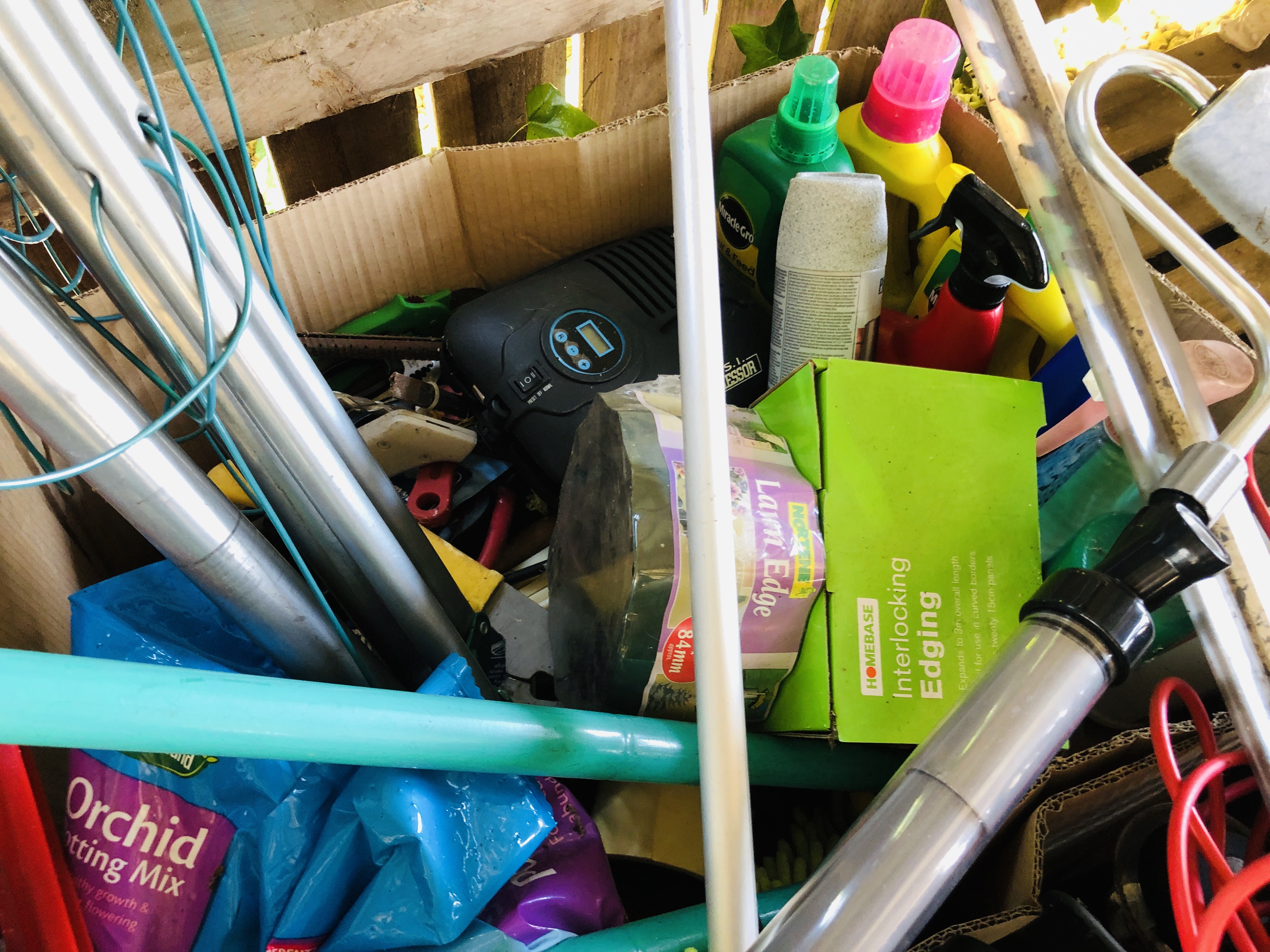 FOUR BOXES OF ASSORTED SHED SUNDRIES TO INCLUDE QUALCAST HEDGE TRIMMER, - Image 2 of 3