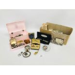 BOX OF MIXED COSTUME JEWELLERY & WATCHES TO INCLUDE VINTAGE JEWELLERY,