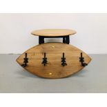 CIRCULAR OAK TOPPED OCCASIONAL TABLE AND ERCOL STYLE COAT HOOK