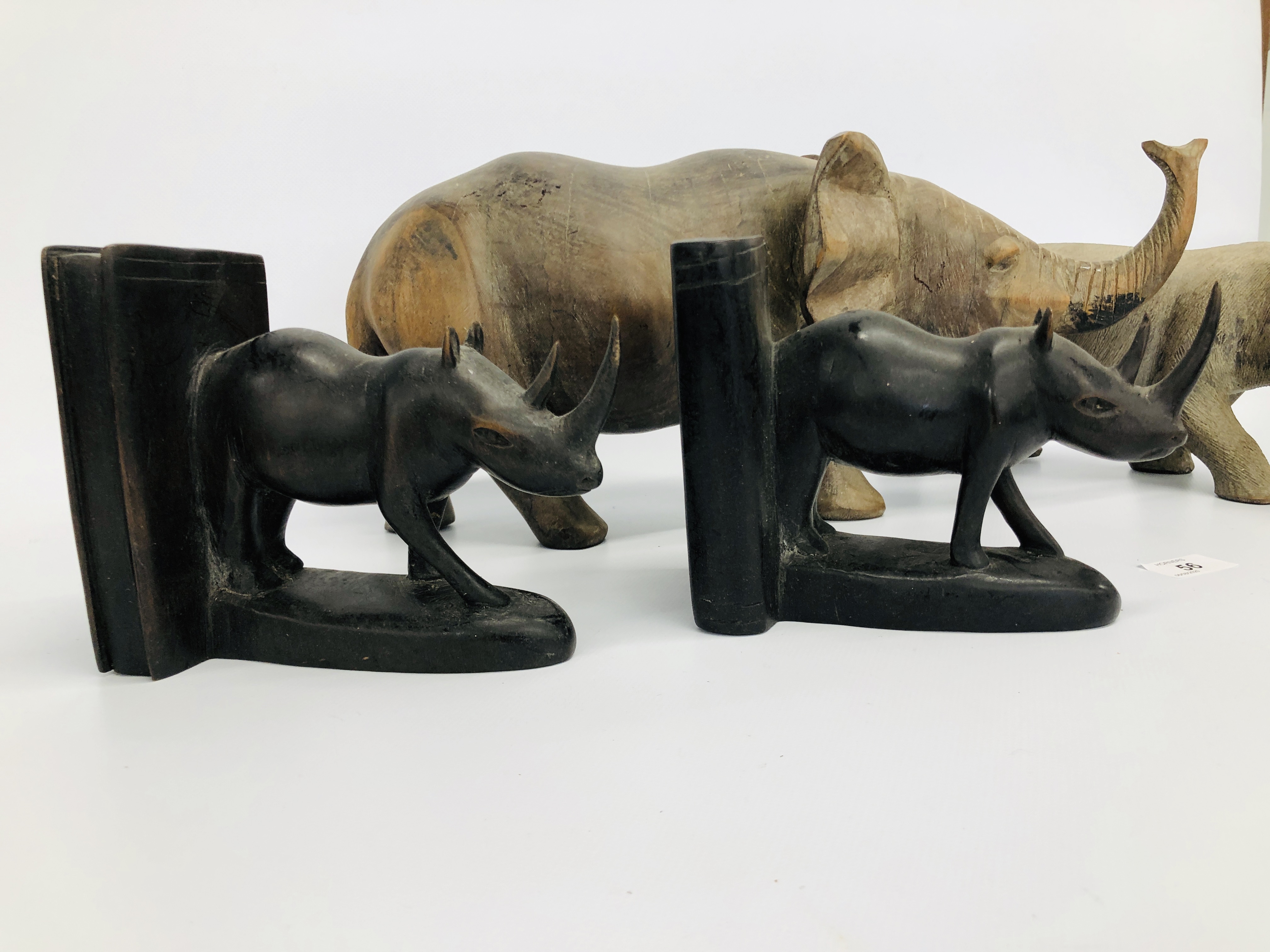 HEAVY HARDWOOD AFRICAN CARVED ELEPHANT & RHINO + PAIR OF RHINOCEROS BOOKENDS - Image 4 of 4