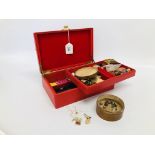 JEWELLERY BOX OF MIXED COSTUME JEWELLERY BROOCHES, BADGES, , PENS, HORN BANGLE,