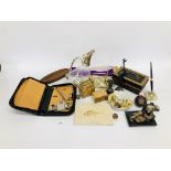 BOX OF COLLECTIBLES TO INCLUDE VINTAGE MONEY TIN, FOSSIL, DECANTER, ONYX LEATHER STAND & PEN,