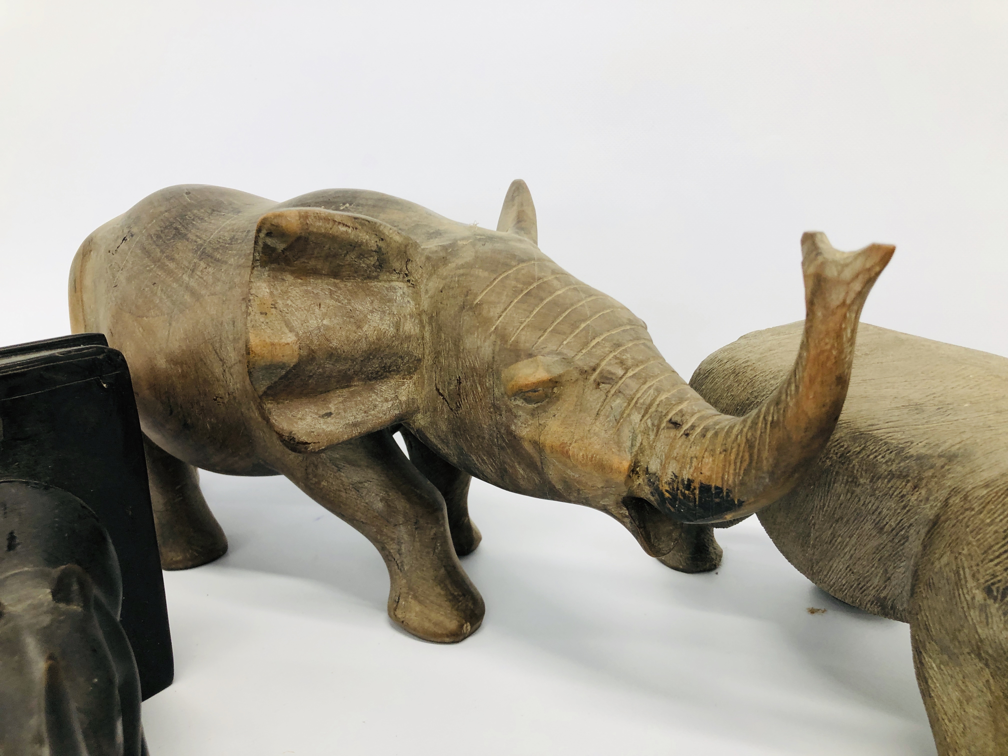 HEAVY HARDWOOD AFRICAN CARVED ELEPHANT & RHINO + PAIR OF RHINOCEROS BOOKENDS - Image 2 of 4