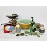 BOX VINTAGE WARES TO INCLUDE HARPER ENAMELLED MINCER, SALTED BALANCE SCALES,