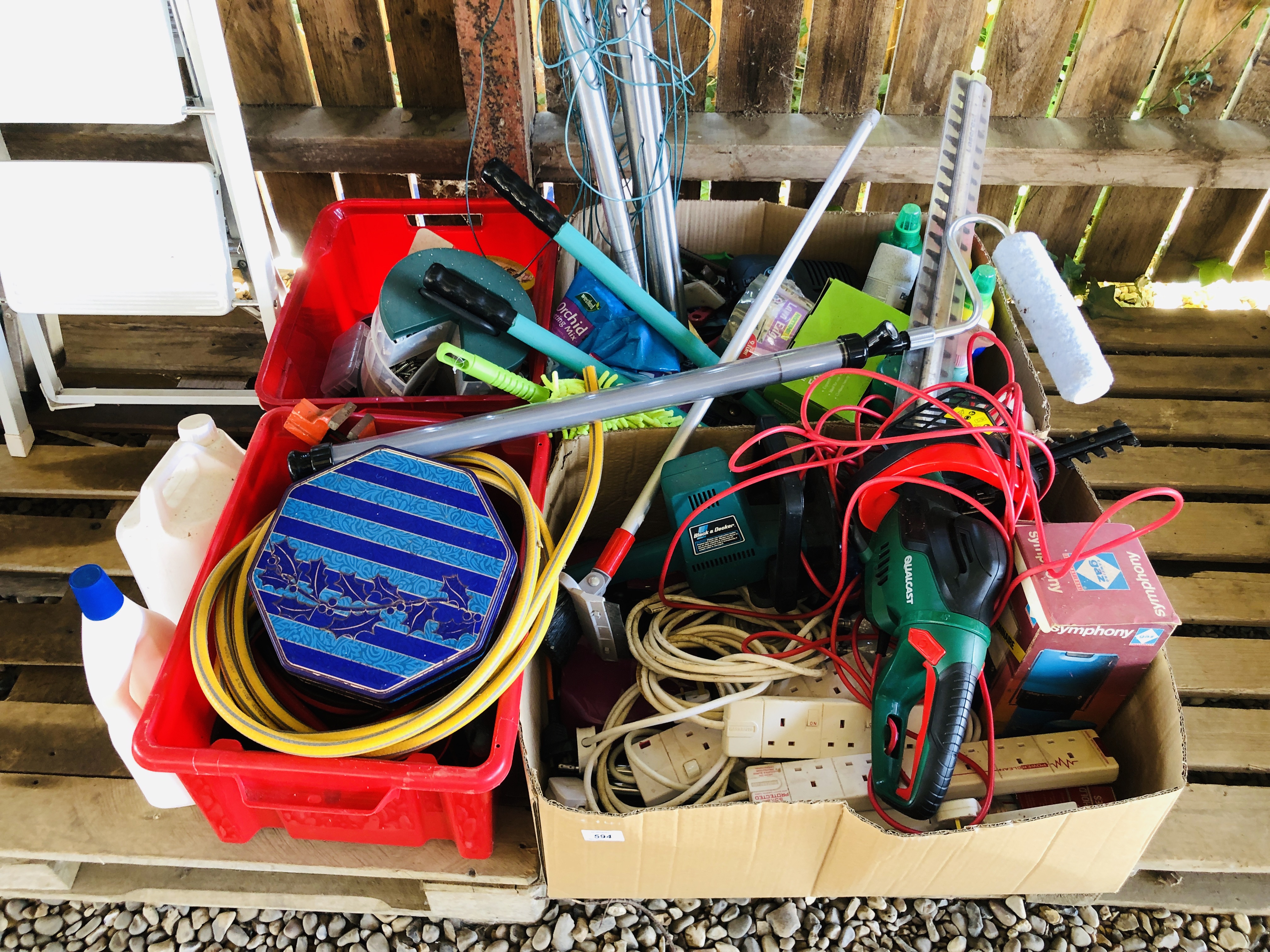 FOUR BOXES OF ASSORTED SHED SUNDRIES TO INCLUDE QUALCAST HEDGE TRIMMER,