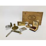 BOX OF COLLECTIBLES TO INCLUDE STAMP CASE POCKET KNIFE, ROWENTA LIGHTER, MINIATURE BRASS TRAY,