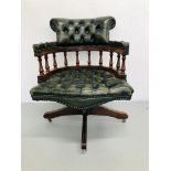 A BOTTLE GREEN LEATHER BUTTON BACK REVOLVING OFFICE CHAIR