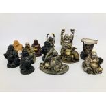 12 BUDDHA FIGURES INCLUDING CANDLE HOLDER, BUDDHA WITH HANDS IN AIR, WOODEN ETC.