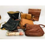 BOX OF MIXED HANDBAGS TO INCLUDE VINTAGE LEATHER & MODERN DESIGNERS SUCH AS "GIGI" ETC.