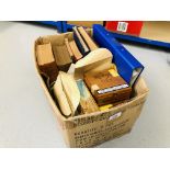 BOX OF STAMPS IN CIGAR BOXES, ENVELOPES AND LOOSE, OLD CATALOGUES, BINDER ETC.