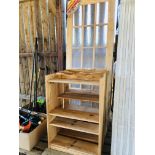 A READY GLAZED INTERNAL PINE 15 PANE DOOR (AS NEW) AND THREE PINE FOUR TIER SHELVES