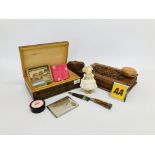 DECORATIVE HARDWOOD BOX + WOODEN BOX & CONTENTS TO INCLUDE COMPACT, NODDING DOLL, AA BADGE,
