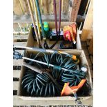 TWO BOXES CONTAINING SHED SUNDRIES TO INCLUDE LED TORCH, HOSE AND ACCESSORIES, HAND DRILLS,