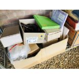 4 X BOXES SHOES AND SLIPPERS, MIXED CLOTHING, HOUSEHOLD LINEN ETC.