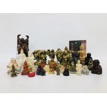 LARGE COLLECTION OF VARIOUS BUDDHAS AND EASTERN DEITY FIGURES INCLUDING WOODEN, GLASS, SOAPSTONE,