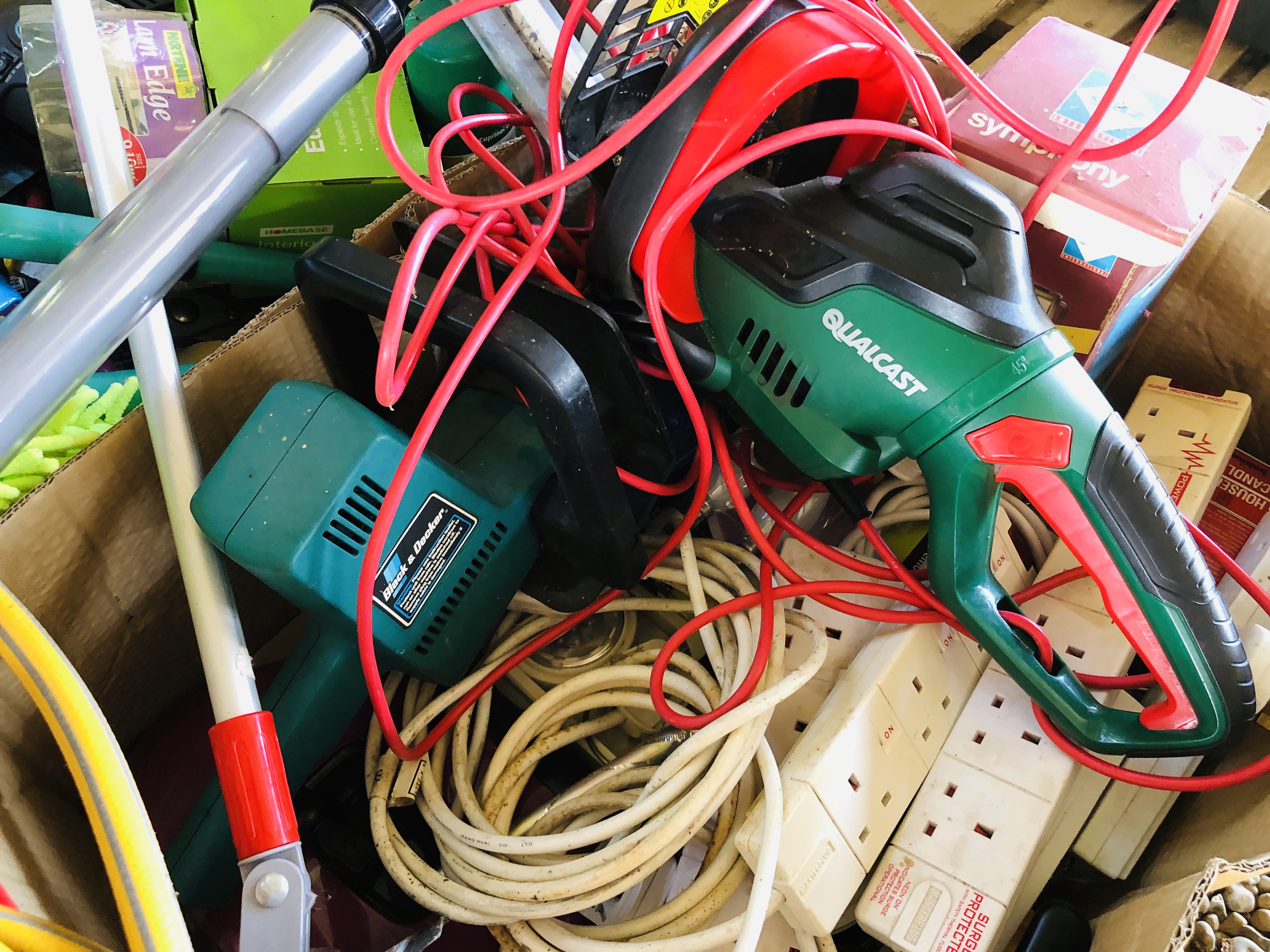 FOUR BOXES OF ASSORTED SHED SUNDRIES TO INCLUDE QUALCAST HEDGE TRIMMER, - Image 3 of 3