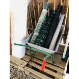 A GALVANISED WHEELBARROW 5 METRE X 1 METRE ROLL OF GARDEN MESH / PART ROLL AND TWO PART ROLLS OF