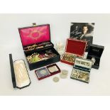 JEWELLERY BOX CONTAINING COSTUME JEWELLERY TO INCLUDE SILVER, LOTUS SIMULATED PEARL NECKLACE (60)",