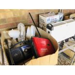 BOX CONTAINING CROSSCUT OFFICE SHREDDER, 2 DESK FANS, 2 DAB RADIOS, FREEWAY PORTABLE RADIO,