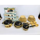 4 X GRANDA PORCELAIN ON STEEL BOXED AS NEW SAUCEPANS OF VARIOUS SIZES + A BOX OF RETRO KITCHEN