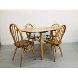 ERCOL DROP FLAP DINING TABLE AND FOUR ERCOL DINING CHAIRS