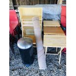 THREE FOLDING BEECHWOOD SIDE TABLES, A PINE EFFECT BOOKSHELF, A FOLDING BEECHWOOD CHAIR,