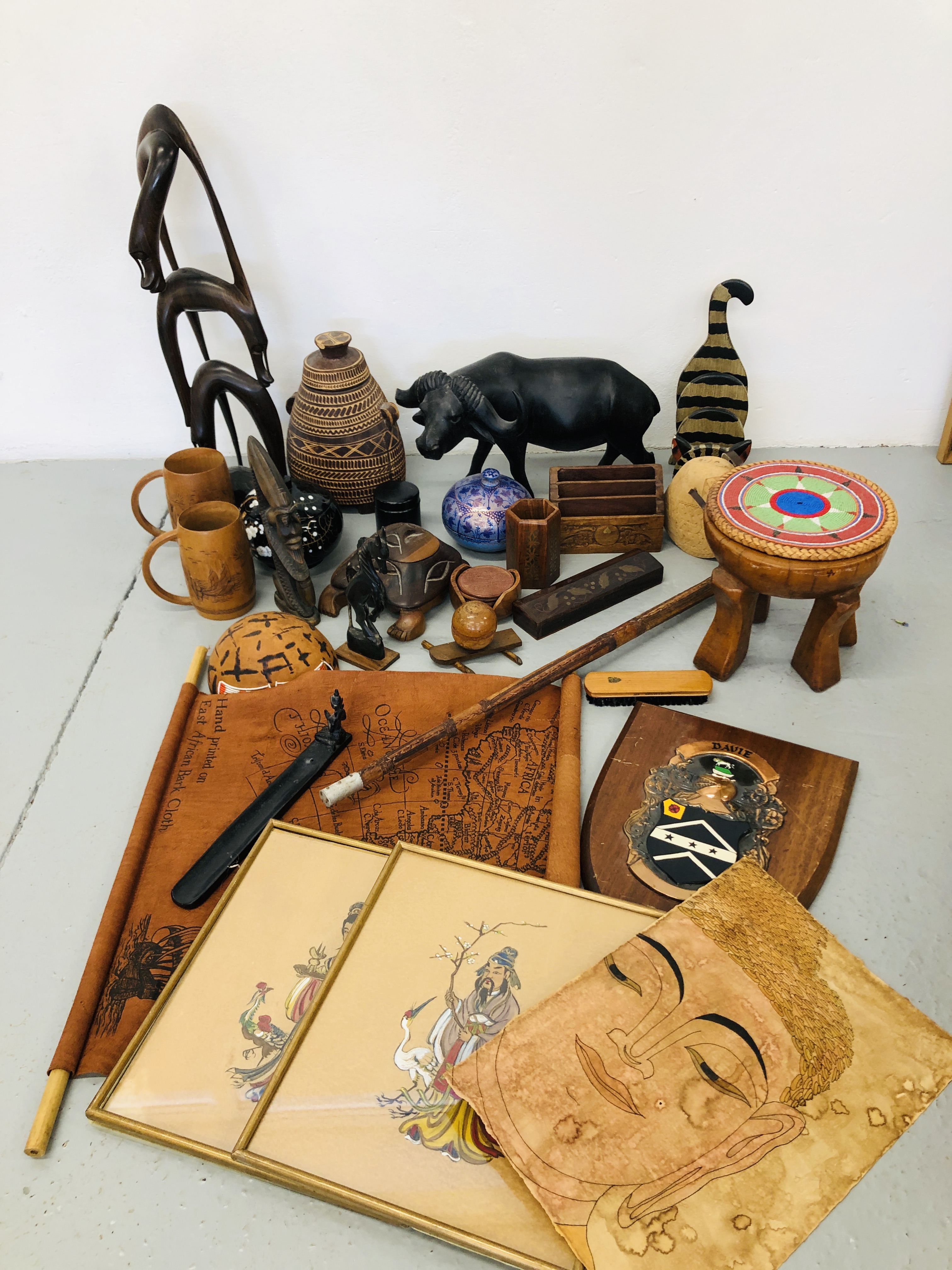 BOX OF MIXED TREEN ITEMS TO INCLUDE LEATHER BOUND WALKING STICK,