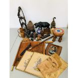 BOX OF MIXED TREEN ITEMS TO INCLUDE LEATHER BOUND WALKING STICK,