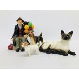 COLLECTION OF 4 DECORATIVE FIGURES TO INCLUDE ROYAL DOULTON "THE BALLOON MAN", BESWICK CAT,