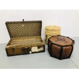 VINTAGE SUITCASE WITH BRASS & STUD DETAIL + VINTAGE LEATHER POUFFE,